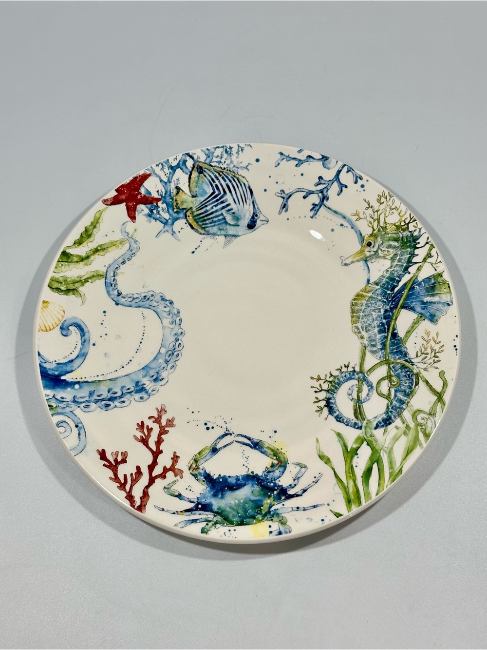 Pier 1 Sea Life Ironstone Dinner Plate 10⅞” Coastal Seahorse Crab Ocean Beach